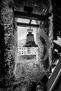 One of the bell of San Francis of Assisi tower. Black and white. photo