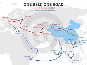 One belt - one road chinese modern silk road. Economic transport way on world map vector illustration photo