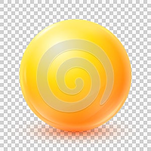 One big beautiful yellow ball isolated on white background. Realistic 3d yellow sphere. Glass glossy vector ball with shadow.