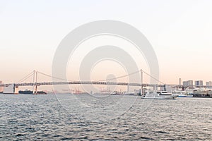 One of big boat and rainbow bridge at sumida river viewpoint in