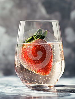 One big ripe strawberry in a glass of sparkling fruity drink. Tasty summer dessert drink. Generative AI