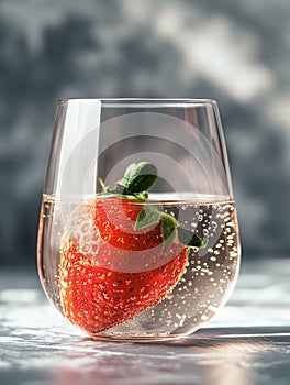 One big ripe strawberry in a glass of sparkling summer drink. Tasty fruity dessert drink. Generative AI