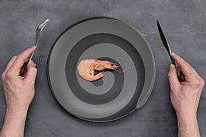 One 1 big shrimp on black plate on gray. Healthy sea food. Minimalism, keto weight loss diet concept. Top view. Man