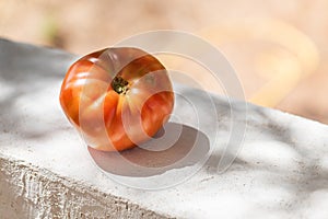 One big tomato on the concrete wall on the blurred natural background, copy space