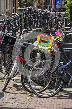 One bike with flower basket on the street near the canal