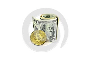 One bitcoin and american dollars on white background