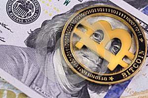 One bitcoin with dollars