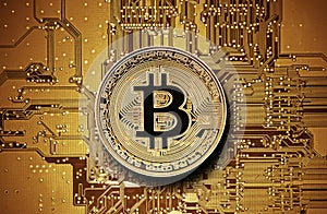 Bitcoin golden coin on computer circuit board photo