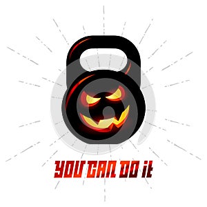 One black kettlebell with evil smile and motivation text - You C