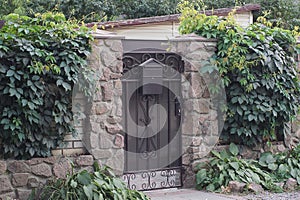 One black metal door with a wrought iron pattern