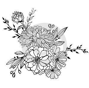One black outline flower, branch and leaves.Isolated on white background.Hand drawn.