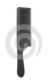 One black plastic comb isolated on white, top view