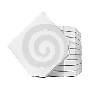 One blank box over a stack of closed white cardboard plain boxes for pizza isolated white