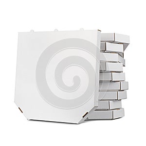 One blank pizza box over a stack Stack of nine closed white cardboard pizza boxes isolated white