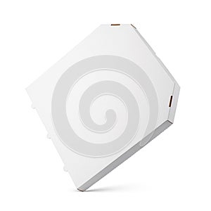 One blank white cardboard pizza box isolated white. Top view. levitated
