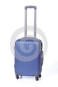 One blue suitcase for travel or blue luggage, blue baggage isolated stand alone on white background with clipping path.