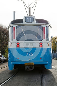 One blue tramcar in sweden