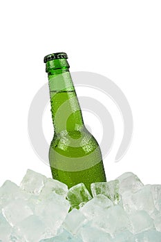 One bottle of cold lager beer on ice cubes