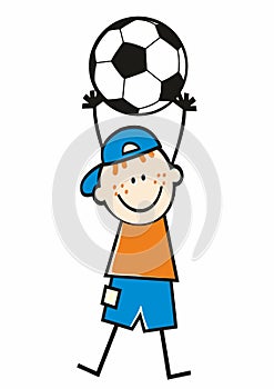 One boy with soccer ball, humorous vector illustration on white background