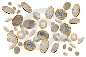 One brazilian real coins falling on isolated white background. Coin rain with blur effect, concept of grand prize, draw, lottery
