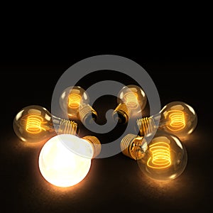 One Bright bulb among Six Incandescent Lightbulbs in a circle o