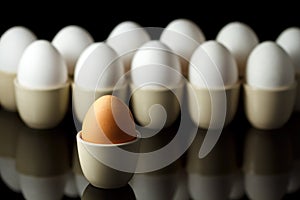 One brown egg in front of white eggs