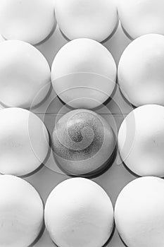 One brown egg in the middle of the white eggs