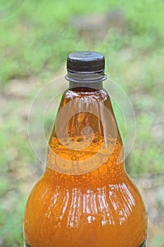 one brown plastic bottle closed with a cork full of drink with foam