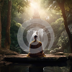 Buddha monk practice meditation with waterfall.Generative ai