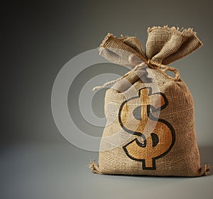 One burlap bag with a gold symbol USD on it, on solid studio background