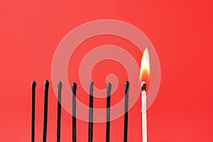 One burning match among burnt-out ones on color background. Concept of uniqueness