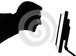 One business man face silhouette with computer