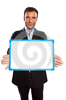 One business man holding showing whiteboard