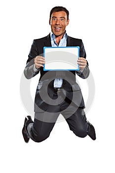 One business man jumping holding showing whiteboard