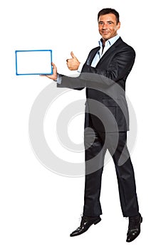 One business man jumping holding showing whiteboard