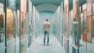 One businessman walking through modern office corridor generated by AI