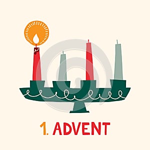 One Candle in Candle Holder Retro Scandinavian Flat Illustration. Christmas Advent Vector Graphic Print