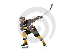 One caucasian man hockey player in studio silhouette isolated on white background