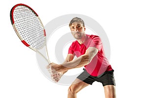 One caucasian man playing tennis player isolated on white background