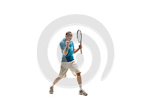 One caucasian man playing tennis player isolated on white background