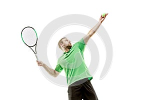 One caucasian man playing tennis player isolated on white background