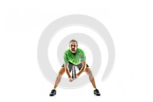 One caucasian man playing tennis player isolated on white background