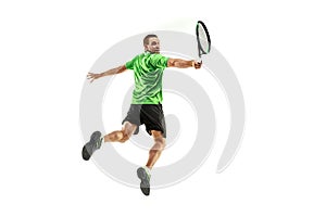 One caucasian man playing tennis player isolated on white background