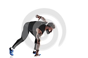One caucasian man young sprinter runner running in silhouette studio on white background.