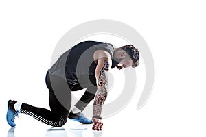 One caucasian man young sprinter runner running in silhouette studio on white background.