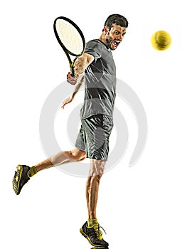 Mature tennis player man backhand silhouette full length isolated white background photo
