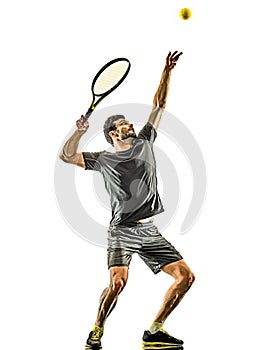 Mature tennis player man serving service isolated white background