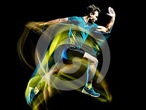 Runner running jogger jogging man isolated light painting black background photo