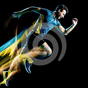 Runner running jogger jogging man isolated light painting black background