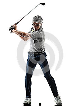 Senior man golfer golfing shadow silhouette isolated white back photo